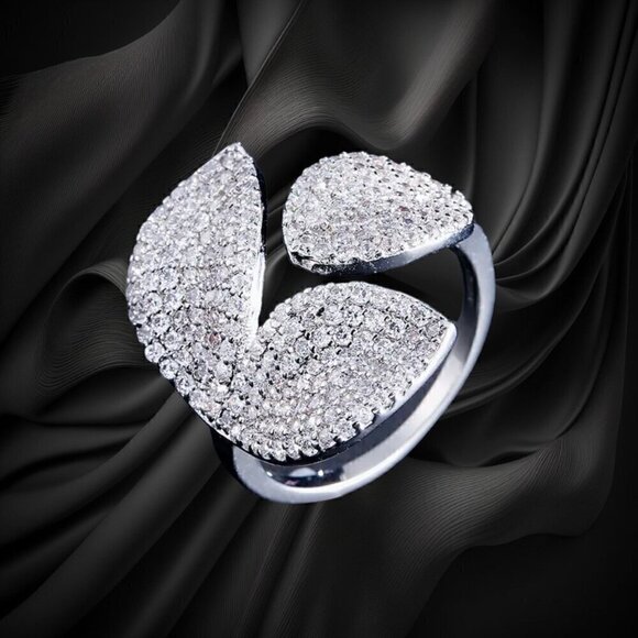 NWT 14K White Gold Plated CZ 3 Leave Statement Cocktail Ring Open Adjustable - Picture 4 of 10